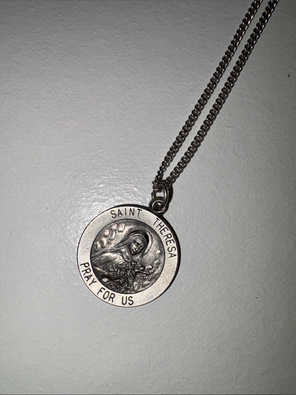 Saint Theresa Medal Necklace in Silver Tone